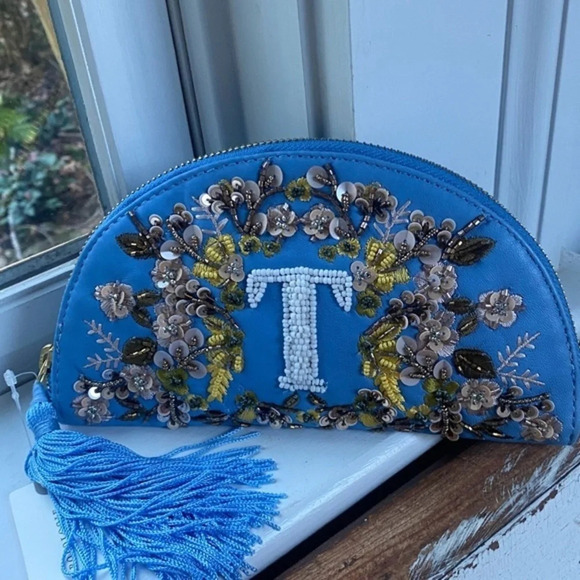 Anthropologie "T" Leather Beaded Monogram Pouch - Picture 5 of 7